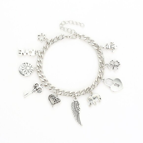 3/$35 Multi Charms Silver Chain Bracelet Chunky Heart Key Wings Flower Jewelry - Picture 7 of 7